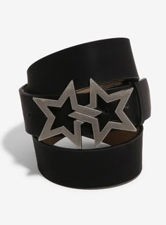 Give off rock star vibes in this black  faux leather belt! Featuring a buckle of two silver-tone connected stars.80% polyurethane; 20% alloyImported Leather Accesories Idea, Star Belt Buckle, Hsr Redesign, Dc Belt, Aesthetic Belts, Cool Belts, Cute Belts, Moon Belt, Scene Clothes