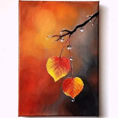 an acrylic painting of two leaves hanging from a tree branch with drops of water on it