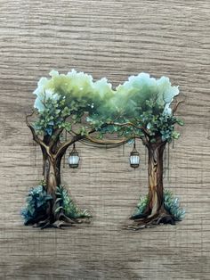 two trees with lanterns hanging from them in front of a wooden wall, painted on wood