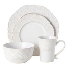 Classic style has a place at the table with this Pfaltzgraff 16-Piece Abby White Dinnerware Set. Made of high-quality stoneware for strength and durability, this stunning collection in warm white features a scalloped edge design and a flourish of scrolls encircling each piece, bringing a traditional look to any dining occasion. 16-piece set, service for 4, includes 4 each of: 10-1/2 inch dinner plate, 8-1/2 inch salad plate, 6-inch cereal bowl, and 12-ounce mug. Microwave and dishwasher safe. Si Blue Dinnerware Sets, Plastic Dinnerware Sets, Diy Wall Decor For Bedroom, Bathroom Counter Decor, White Dinnerware Set, Melamine Dinnerware Sets, Blue Dinnerware, Stoneware Crocks, White Kitchen Decor