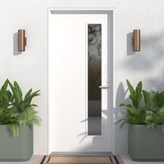 a white front door with two planters on either side and an entry mat in the middle