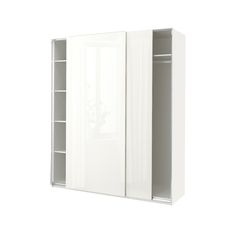 a white cabinet with doors and shelves on each side is shown against a white background