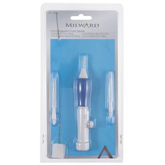 a blue and white electric toothbrush in its packaging with the package on it's side