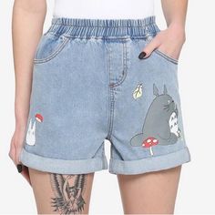 Slip Into Some Comfy Shorts For A Day Hanging Out With Your Favorite Forest Spirits! These My Neighbor Totoro Shorts Feature Prints Of Totoro Holding An Acorn, Mushrooms And Smaller Totoros. They Come With Cuffed Leg Openings, Hip And Back Pockets And An Elasticated Waistband. 86% Cotton; 8% Polyester; 6% Rayon Wash Cold; Dry Low Elasticated Waistband New Without Tags Inventory #P298 Cute Denim Blue Cotton Shorts, Cute Summer Pants With Pockets, Cute Summer Bottoms With Pockets, Cute Short Length Denim Bottoms, Cute Denim Blue Short-length Bottoms, Cute High-waist Cotton Bottoms, Cute High Waist Cotton Bottoms, Cute Denim Blue Bottoms For Spring, Cute High Waist Bottoms For Spring