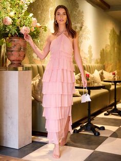 Sleeveless Tiered Mesh Ruffle Maxi Dress - Fore Collection | New York & Company Pink Tiered Dress, Az Wedding, Fiesta Dress, Olive Dress, Ruffle Maxi Dress, Party Inspo, Tulle Gown, Striped Maxi Dresses, Pink Maxi Dress