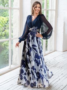 A Line/Princess V-Neck Long Sleeves Floor Length Floral Mother of the Bride Dresses With Flower Wedding Outfits For Women, Mother Of The Bride Dresses Long, Flower Sleeve, Princess Shirt, Bride Outfits, Mother Of Groom Dresses, Bride Groom Dress, Mob Dresses, Mother Of Groom