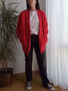 "Vintage angora and lambswool red cardigan by the brand Your Sixth Sense. 80's angora bright red knit cardigan/jacket with pockets. Fully lined. Fits like a S/M. Measurements lying flat: Bust: 19\" / 48cm Length: 28.5\" / 72cm Very good condition." Vintage Oversized V-neck Outerwear, Red Relaxed Fit Winter Outerwear, Red Relaxed Fit Outerwear For Winter, Red Relaxed Fit Winter Sweater, Red Relaxed Fit Sweater For Winter, Red Wool Cardigan For Fall, Red Oversized Wool Outerwear, Red Wool Oversized Outerwear, Oversized Red Wool Outerwear