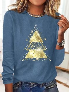 Blue Casual Graphic Tops Round Neck Christmas Tree Printed Long Sleeve Xmas Sweatshirts Blue Long Sleeve Christmas Tops, Blue Long Sleeve Tops For Christmas, Blue Tops For Holiday And Fall Season, Blue Crew Neck Top For Holiday, Festive Long Sleeve Tops For New Year, Festive Winter Crew Neck Top, Christmas Festive Long Sleeve Tops, Festive Long Sleeve Tops For Christmas, Blue Holiday Tops For Christmas