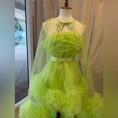 Comes With A Belt, A Cape, And The Dress Yellow Fitted Tulle Dress, Yellow Tulle Evening Dress, Yellow Tulle Dress For Spring, Spring Yellow Tulle Dress, Yellow Mini Dress For Spring Wedding, Spring Wedding Yellow Mini Dress, Green Tulle Dress, Green Tulle, Tulle Dress