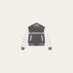 Givenchy varsity jacket with logo lettering across chest Baseball collar; snap front closure Welt pockets Long sleeves Striped rib-knit trim Wool/polyamide/leather Made in Italy Luxury Black Varsity Jacket With Padded Collar, Luxury Varsity Jacket For College In Fall, Luxury Fall Varsity Jacket For College, Designer College Varsity Jacket With Ribbed Cuffs, Luxury Streetwear Varsity Jacket With Padded Collar, Designer Varsity Jacket With Ribbed Cuffs For College, Luxury Varsity Jacket With Padded Collar For Streetwear, Designer Varsity Jacket With Embroidered Logo For Streetwear, Designer Embroidered Logo Outerwear For College