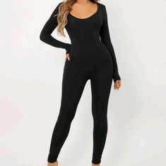 Scoop Neck Leotard Jumpsuit Fitted One-piece Bodysuit For Loungewear, Black Stretch Overall Jumpsuits, Stretch One-piece Bodysuit For Loungewear, Black Stretch Full-length Bodysuit, Stretch Bodysuit For Night Out, Stretch Overall Bodysuit For Night Out, Black Stretch Unitard For Loungewear, Black High Stretch Unitard For Loungewear, Casual Full-length Stretch Bodysuit