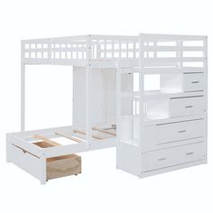 a bunk bed with drawers underneath it and a white dresser under the bed in front of it