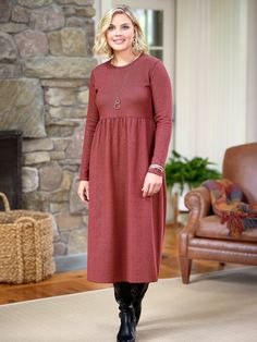 Soft knit dresses are quite popular these days. . . but you rarely see one that reverses from one color to another. Ours do, and they do it beautifully. We're offering two different color combinations: one that reverses from chocolate brown to deep navy and one that reverses from merlot to evergreen. Both combinations are styled with flattering scoop necklines and gentle shirring along the waistline in a soft, midweight knit that will keep you warm and cozy through the season. Reversible dress M Pintuck Dress, Jean Jumper, Vermont Country Store, Stretch Knit Dress, Knit Dresses, Reversible Dress, Country Store, Comfy Dresses, Rich Fabric