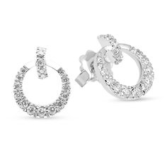 Bold and contemporary, these diamond drop earrings elevate your evening attire. Fashioned in 18K white gold, each luxe drop showcases an open circle -shaped dangle adorned in graduating round brilliant cut diamonds. A diamond pave lined huggie as the post. Captivating with 0.50 ct. t.w. of diamonds and a bright polished shine, these post earrings secure comfortably with friction backs.
0.50 carat 
14k white gold
The earring design can be customized to suit your part Modern Round Cut Halo Diamond Earrings, Fine Jewelry Diamond Earrings With Halo Design For Evening, Evening Fine Jewelry Diamond Earrings With Halo Design, Timeless Round Diamond Earrings For Evening, Evening Diamond Earrings With Halo Design, Modern Cubic Zirconia Earrings With Halo Design, Evening White Gold Diamond Earrings With Halo Design, Evening Round Halo Diamond Earrings, Evening Halo Diamond Earrings