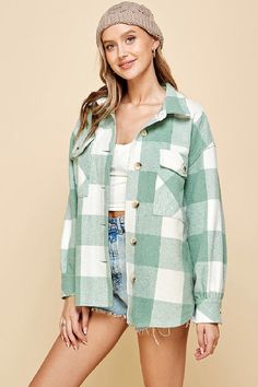 Lime N Chili OttCute trending shacket shirt plaid jacket coat with chest pockets and buttons. Oversize loose fit. Button up. Banded cuffs. Heavyweight and flannel lined. Keep warm. So Cute! Color: Sage/Ivory, Lining Green Polyester soft flannel Sizes: S/M M/L Pit to pit S/M 24, Length 26" Pit to pit M/L 25, Length 27 100% Polyester, Lining Polyester hand wash cold, line dry, imported E5-4/M0955 Plaid Shacket, Plaid Jacket, Blue Ivory, Soft Flannel, Pocket Detail, Jacket Coat, Outerwear Women, Keep Warm, Women's Blazer