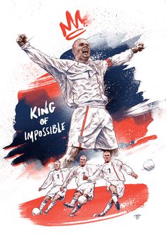 a drawing of a soccer player jumping in the air with his arms wide open and two other players behind him