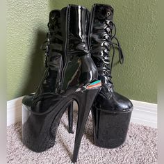 2 Years Old 8” Heel, Patent Leather Boots With Lace & Zip Closure. The Heel Of The Right Shoe Has Torn & Makes For Easier Access (See Photos) Dirty Shoes, Pleaser Shoes, Patent Leather Boots, Shoes Color, Shoes Women Heels, Leather Boots, Patent Leather, Shoes Heels, Size 7