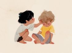 two children sitting on the ground playing with each other's hands and touching noses