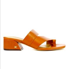 Brand New. Classic Tan Sandals With Leather Lining, Tan Leather Footbed Slip-on Sandals, Chic Slip-on Sandals With Heel Loop, Classic Tan Sandals With Leather Sole, Casual Sandals With Leather Lining And Block Heel, Casual Sandals With Block Heel And Leather Lining, Classic Tan Slip-on Sandals, Classic Tan Leather Sandals, Spring Leather Mules With Branded Heel Counter