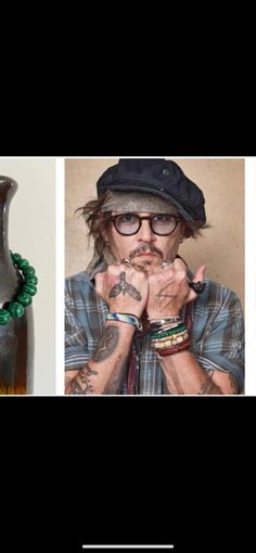 three different pictures of a man with tattoos on his arms and hands, one in a hat