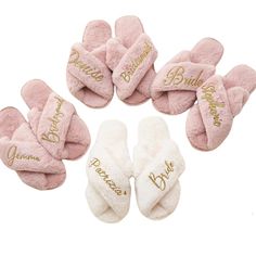 six pairs of pink slippers with personalized names on the front and back side