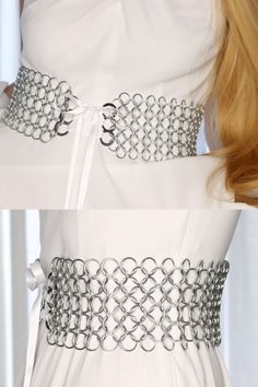 Chainmail Clothing Diy, Chainmail Necklace Patterns, Party Corset With Belt Included, Elegant Corset Belt For Cosplay, Silver Fitted Belts For Party, Silver Fitted Belt For Party, Chainmaille Corset, How To Make Chainmail, Chainmail Corset