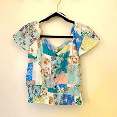 Nwt !! Monteau Short Sleeved Cropped Top Blues/Greens Size Large Different Patterns/Designs Pictured Button Detailing Cinched Waist Nwt! Patchwork Top, Button Picture, Short Sleeve Cropped Top, Picture Design, Cinched Waist, Cropped Top, Different Patterns, Pattern Design, Blue Green