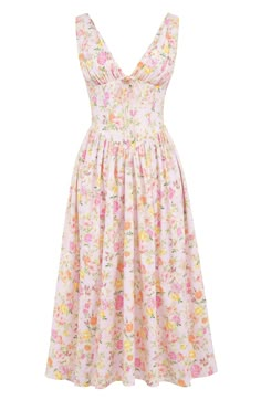 This sweet stretch-poplin midi gets a sultry update with its deeply dipped neckline and corseted bodice. Exclusive retailer Hidden back-zip closure Deep V-neck Sleeveless Lined 65% cotton, 32% nylon, 3% elastane Dry clean Imported Midi Tea Dresses, Casual Pastel Pink Dress, Slik Hoco Dresses, Corset Dress Floral, Fitted Sleeveless Dress With Gathered Neckline, Midi Sundress With Sweetheart Neckline For Daywear, Sundress With Sweetheart Neckline For Daywear, Sweetheart Neckline Sundress For Daywear, Spring Sleeveless Midi Dress With Fitted Bodice