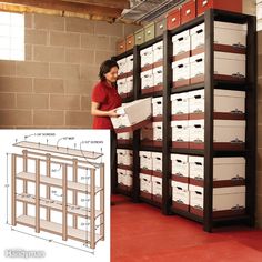 a woman standing in front of a wall full of boxes and file folders on shelving units