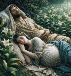 a painting of a woman laying down next to a man in a field with flowers