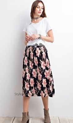 Penny Satin Pleated Floral Skirt With Elastic Waistband In Black Chic Long Pleated Skirt With Floral Print, Chic Long Floral Print Pleated Skirt, Summer Long Floral Print Pleated Skirt, Elegant Floral Print Pleated Skirt For Summer, Casual Floral Print Midi Pleated Skirt, Casual Floral Print Pleated Midi Skirt, Casual Summer Pleated Skirt With Floral Print, Casual Floral Print Pleated Flared Skirt, Casual Long Floral Print Pleated Skirt