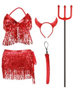 PRICES MAY VARY. Devil Costume Set: the package comes with 1 set of sequin devil set, including 1 piece of fringe bra top, 1 piece of fringe skirt, 1 piece of red forks, 1 piece of devil horns headband and 1 piece of devil tail, a complete devil costume accessories to satisfy your cosplay demands Fringed Devil Dress: the devil dress has various tassels, which sway with your body, beautiful and eye catching, the red design echoes the color of the devil, the top and skirt are designed with straps, Devil Halloween Costume For Women, Cheap Halloween Costumes For Women, Devil Costume Women, Haunted Hollywood, Fringe Bra, Horns Headband, Fantasy Fest, Cheap Halloween Costumes, Devil Halloween