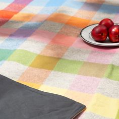 two apples are sitting on a plate on a checkered tablecloth next to a bowl of fruit