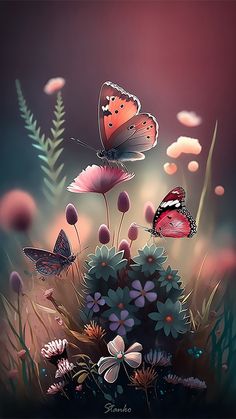 two butterflies are flying over some flowers