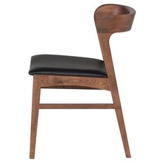 a wooden chair with black leather upholstered seat and backrest, viewed from the side