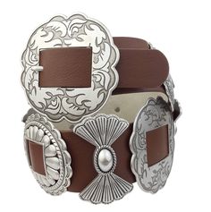 Fully Packed Concho Wide-Width Western Belt This belt boasts a width of almost 2" or 50 mm and is crafted with a high-quality leatherette top and real suede lining on the back. The silver-tone metal floral shape buckle is complemented by 9 conchos, each with a unique design. Measurements: S/M: Start of leather to 1st hole 30", to middle hole 32",to last hole 34" to the tip end(total length) is 38" M/L: Start of leather to 1st hole 34", to middle hole 36",to last hole 38" to the tip end(total len Adjustable Brown Faux Leather Belt, Adjustable Leather Belts For Rodeo, Adjustable Leather Belt For Rodeo, Western Brown Adjustable Belt Buckles, Adjustable Brown Belt Buckles For Rodeo, Adjustable Leather Concho Belt, Festival Leather Concho Belts, Brown Concho Belt Buckles For Rodeo, Adjustable Belt Buckles For Western-themed Events