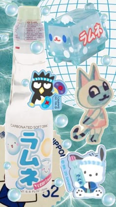 various stickers and decals on the side of a bottle with water in it