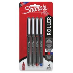 three sharpie pens are in the package with one black and one red pen is next to each other