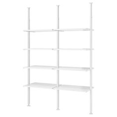 a white shelving unit with four shelves on one side and two other sections in the middle