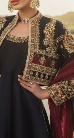 Pakistani Jacket Style Suit, Latest Festive Wear For Women, Embroided Jacket, Dabka Embroidery, Black Velvet Blouse, Zardozi Work, Velvet Dress Designs, Classy Outfits For Women, Frock For Women