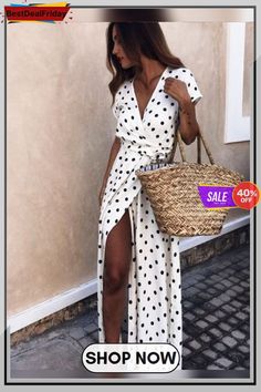 Polka Dot Low Cut Short Sleeve Long Skirt Dresses Loose Maxi Dress, Swimwear Dress, Loungewear Set, Polka Dot Print, Dot Print, Deep V Neck, Low Cut, Long Tops, Deep V