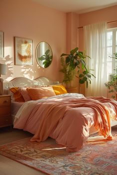 a bed sitting in a bedroom next to a window covered in pink sheets and blankets