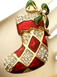 Vintage Jewelry - This is a gold tone Christmas stocking brooch with red and green guilloche enamel and clear rhinestones. It is signed Monet and measures 2" by 1.1". Guilloche Enamel, Clear Rhinestones, Christmas Stocking, Red Christmas, Christmas Stockings, Brooch Pin, Brooches, Vintage Jewelry, Gold Tones