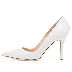 Indulge in sophistication with our White Croco Embossed Style Stiletto Heels Pumps. These heels boast a striking crocodile embossed design in a timeless white hue, perfect for adding a touch of elegance to your attire. With a slender stiletto heel and comfortable fit, these statement pumps are a must-have for any fashion-forward individual, ideal for various occasions from formal gatherings to casual outings. Handcrafted US sizing. Fits true to size. Heel Height: 4" / 100 mm approx Product measurements were taken using size 8. Please note that measurements may vary by size. Croco-Embossed Elegance: Crafted with a luxurious crocodile embossed texture for a sophisticated appearance. Stiletto Heel Design: Offers an alluring lift with a slender stiletto heel to elevate your style. Versatile Wh Fitted High Heels With Crocodile Pattern, Luxury White Court Shoes With Deep Heel Cup, Elegant High Heels With Crocodile Pattern, Fitted Crocodile Pattern High Heels, Office High Heels With Crocodile Pattern, Crocodile Pattern High Heels For Office, Chic Formal Heels With Crocodile Pattern, Chic Crocodile Pattern Heels For Formal Occasions, Chic Crocodile Pattern Heels For Formal Events