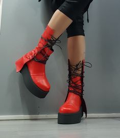 Genuine Women Boots, Leather Platform Shoes, All seasons, Gothic Women Boots, Leather Ankle Boots, Platform Grunge Boots, Extravagant Shoes, Avant Garde Shoes, Red Boots ❤️ Extravagant designs and high quality fabrics! ❤️ Materials & Care Genuine Leather Clean with a soft cloth and cold water ❤️ Shipping ✈ Ready to ship The time I need to prepare an order for shipping varies. For details, see individual items. Priority shipping is used for all our packages: STANDARD SHIPPING * Shipping to US Leather Lace-up Moto Boots With Chunky Platform, Trendy Lace-up Polyurethane Boots, Fall High Heel Platform Boots With Leather Sole, Fall Platform Boots With High Heel And Leather Sole, Leather Moto Boots With Chunky Platform And Round Toe, Punk Leather Heeled Boots With Round Toe, Leather Martin Boots With Chunky High Heel Platform, Leather Martin Boots With Chunky High Heel, Faux Leather Platform Boots With Leather Sole For Fall