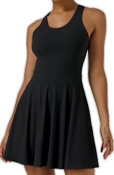 Black Sleeveless Tennis Dress With Built-in Bra, Black Racerback Dress, Stretch Racerback Dress With Built-in Bra, Workout Dresses With Built-in Bra And Racerback, Black Stretch Racerback Mini Dress, Sleeveless Stretch Backless Dress With Built-in Bra, Black Stretch Mini Dress With Racerback, Stretch Sleeveless Backless Dress With Built-in Bra, Fitted Scoop Neck Dress For Workout