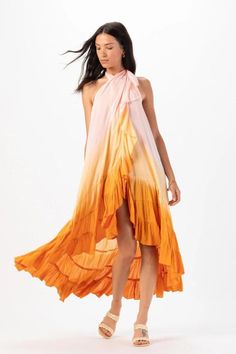 summer maxi dress Summer Beach Halter Dress With Ruffles, Bohemian Ruffled Halter Dress For Vacation, Summer Halter Dress With Ruffles For The Beach, Beachwear Ruffled Maxi Dress Beach Cover-up, Ombre Sleeveless Beach Dress, Sleeveless Ombre Beach Dress, Ombre Sleeveless Dress For Beach, Summer Bohemian Ombre Dresses, Spring Bohemian Ombre Dresses