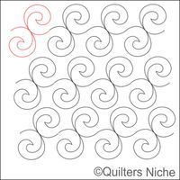 an image of a quilting pattern with swirls in red and black on white