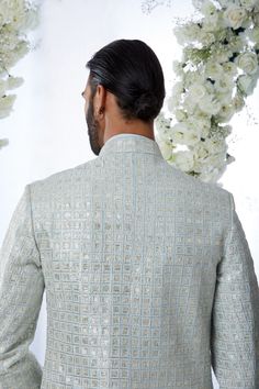 This sherwani set features all over gota embroidery on a powder blue raw silk base. It is paired with a matching silk kurta and an off-white cotton trouser. Completing footwear is also available.From Seema Gujral's Tuscan Summer collection. DELIVERY TIMEPlease allow 4 months for your outfit to arrive.FABRIC DETAILSRaw SilkProfessional cleaning only. Tuscan Summer, Gota Embroidery, Blue Sherwani, Seema Gujral, Gota Work, Silk Kurta, India Fashion, Full Sleeves, Customer Care