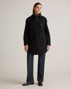 Our 100% Merino Wool Long Shirt Jacket is your perfect go-to style as the temperature starts to drop. Expertly tailored with boiled merino wool, this shirt jacket - shacket - has the relaxed silhouette of a shirt, but provides the warmth of a jacket. With an intentionally oversized look, it's perfect for layering and made to throw on over any outfit with ease.  | Quince | Women's 100% Merino Wool Long Shirt Jacket in Black, Size Medium Winter Outerwear With Welt Pockets And Button-up Design, Single Breasted Tops For Winter Workwear, Single Breasted Tops For Workwear In Winter, Winter Wool Shacket With Button Closure, Winter Wool Shacket With Lapel Collar, Winter Workwear Shacket With Buttoned Pockets, Wool Outerwear With Button Closure And Relaxed Fit, Relaxed Fit Wool Outerwear With Button Closure, Winter Workwear Shacket With Long Sleeves